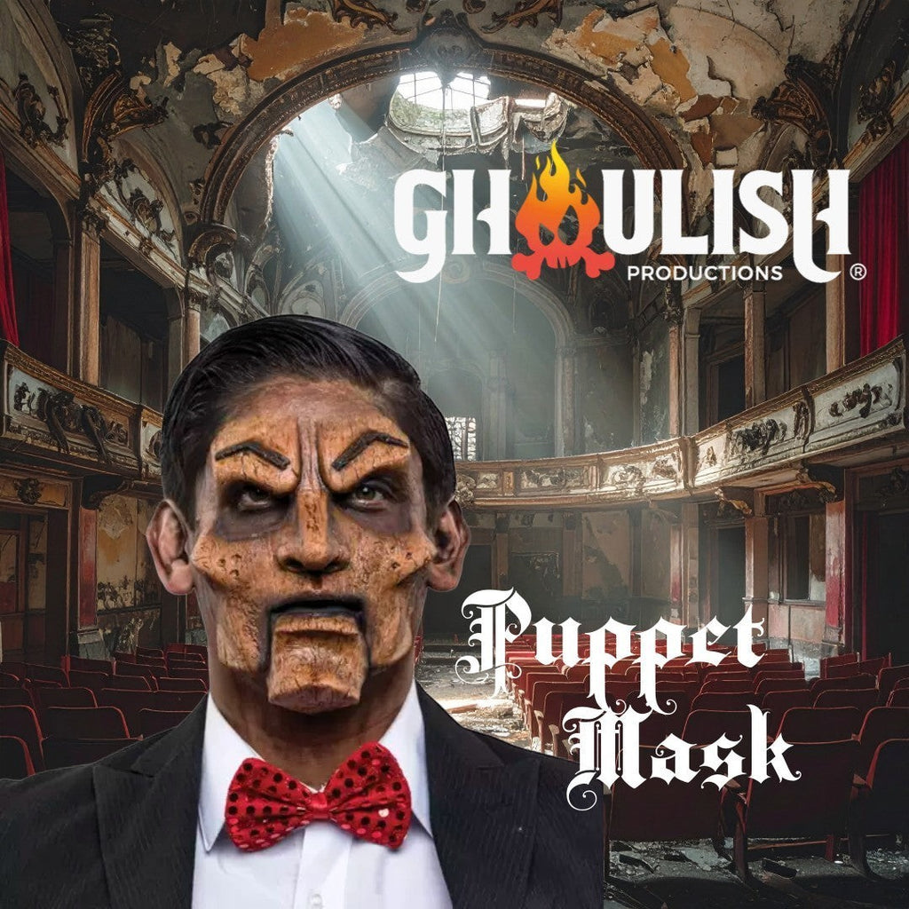 Halloween-Emporium Ghoulish Productions ventriloquist puppet mask with weathered wood texture in a theater setting.