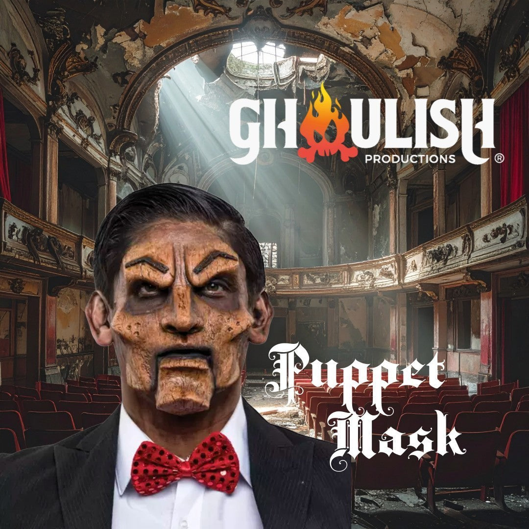 Halloween-Emporium Ghoulish Productions ventriloquist puppet mask with weathered wood texture in a theater setting.