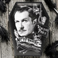 Halloween-Emporium black vegan leather coffin-shaped wallet featuring a Vincent Price Nevermore graphic and skull.