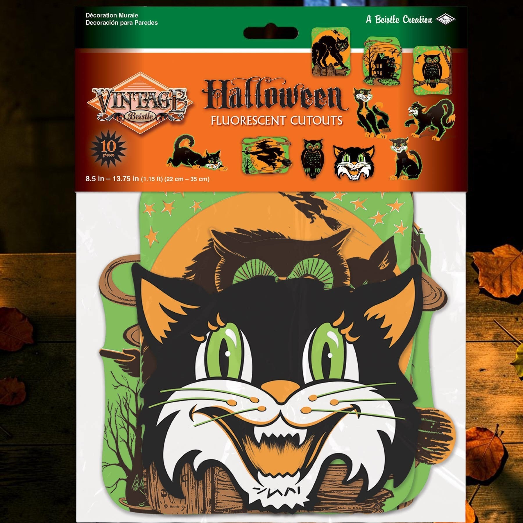 Halloween-Emporium vintage fluorescent Halloween cardstock cutouts featuring retro cat, owl, and witch designs.