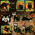 Halloween-Emporium vintage fluorescent Halloween cardstock cutouts featuring black cats, owls, a witch, and haunted house.