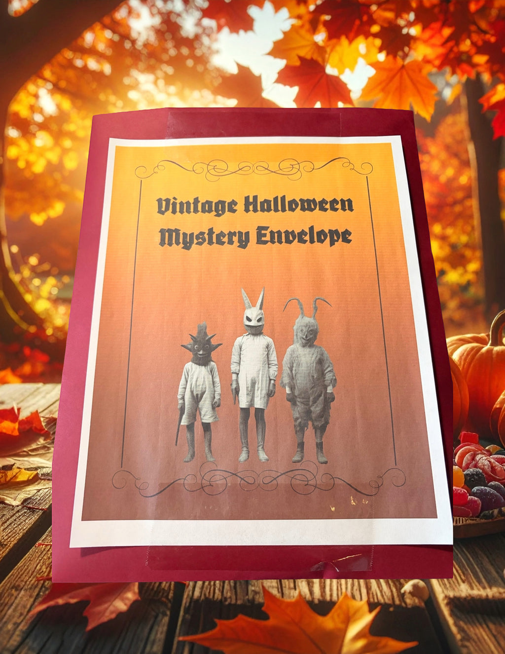 Halloween-Emporium vintage Halloween mystery envelope with retro costume imagery on a wooden table with autumn leaves