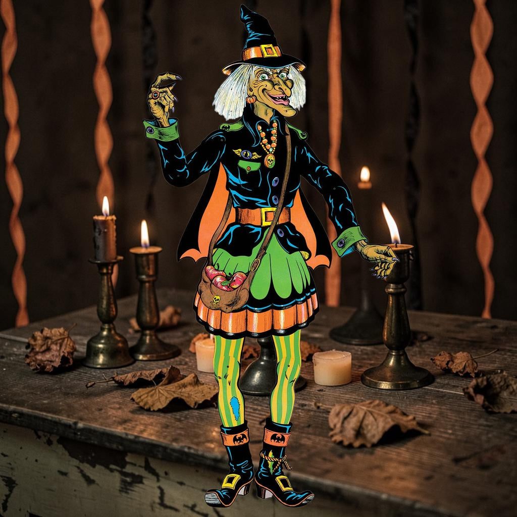 Halloween-Emporium 4-foot-9 vintage jointed witch wall decoration with black, orange, and lime green retro outfit.