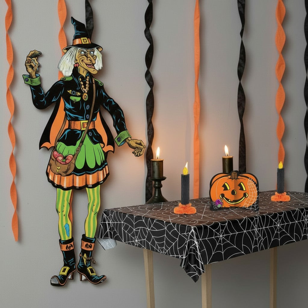 Halloween-Emporium 4' 9" vintage jointed witch wall decoration with black, orange, and lime green retro-inspired outfit.