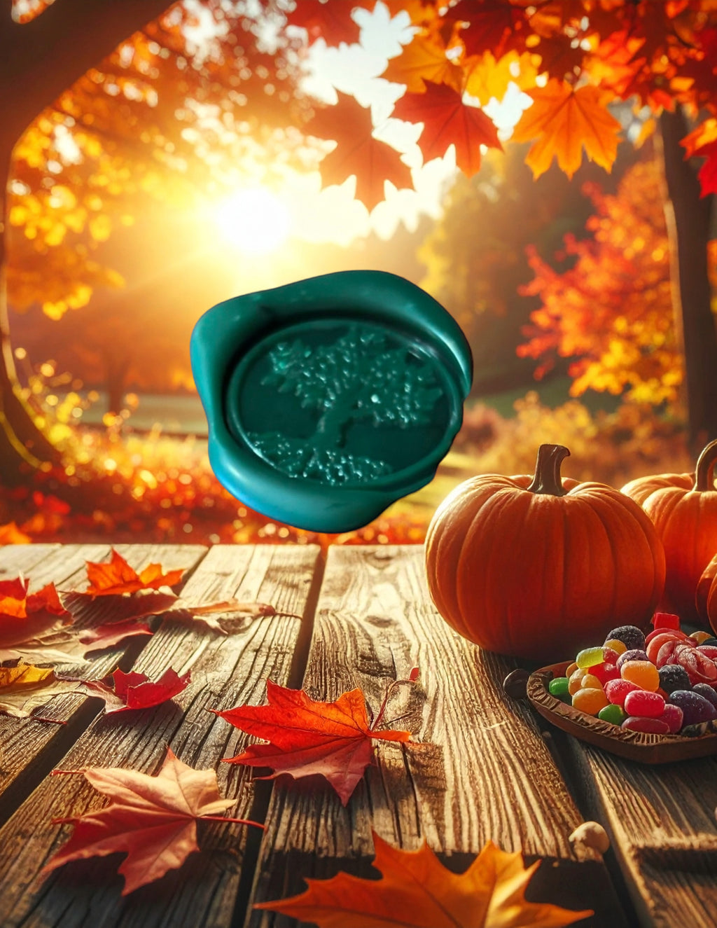Halloween-Emporium vintage mystery envelope featuring a green wax seal on a rustic wooden table with pumpkins and autumn leaves