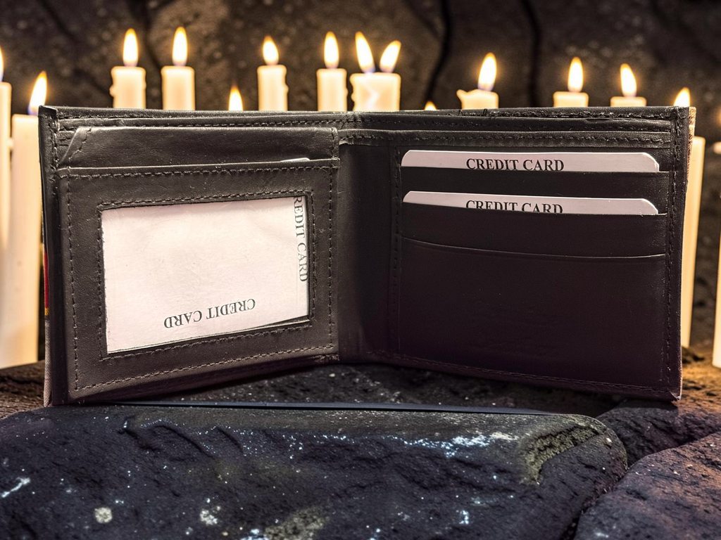 Halloween-Emporium vintage witch hand crafted black leather bifold wallet with card slots against a candlelit backdrop