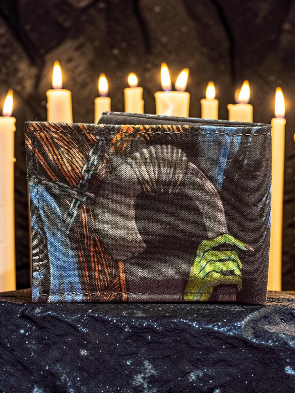 Halloween-Emporium hand crafted wallet featuring a vintage witch illustration on durable fabric