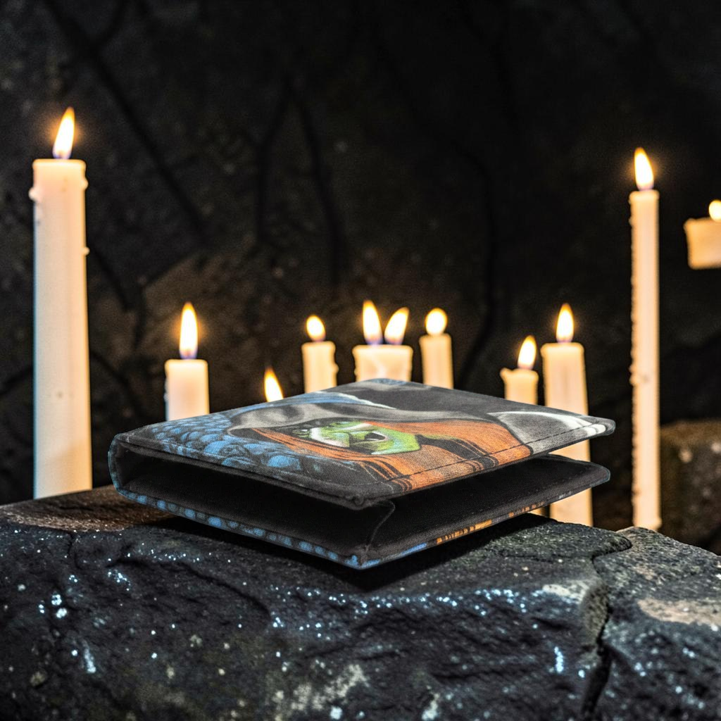 Halloween-Emporium hand crafted vintage witch wallet resting on a stone surface surrounded by glowing candles