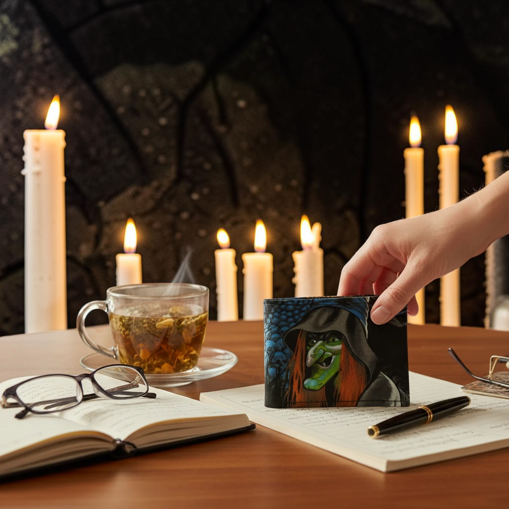 Halloween-Emporium hand crafted wallet featuring a vintage witch illustration, displayed on a desk with candles.