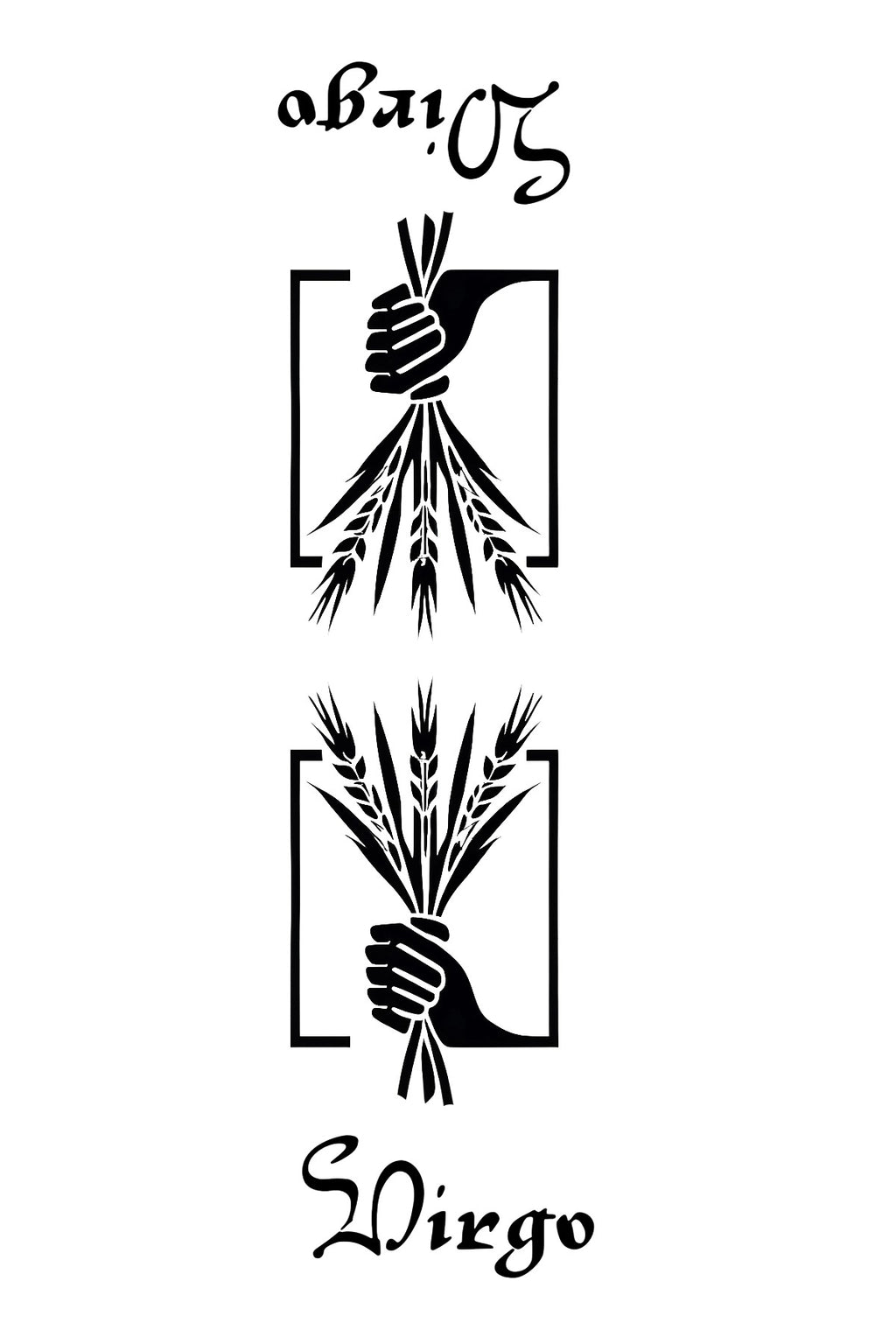 Halloween-Emporium Virgo zodiac tarot card featuring a black and white illustration of hands holding wheat stalks.