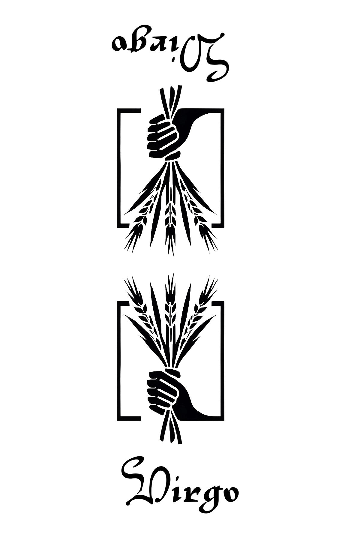 Halloween-Emporium Virgo zodiac tarot card featuring a black and white illustration of hands holding wheat stalks.