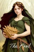 Halloween-Emporium Virgo zodiac tarot card featuring a woman in a green dress holding a wheat sheaf, The Fool label.