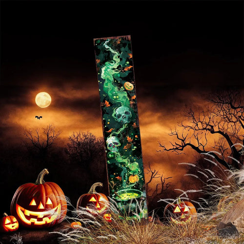 Halloween-Emporium 42-inch wooden garden stake featuring a watercolor poison cauldron design with skulls and green smoke