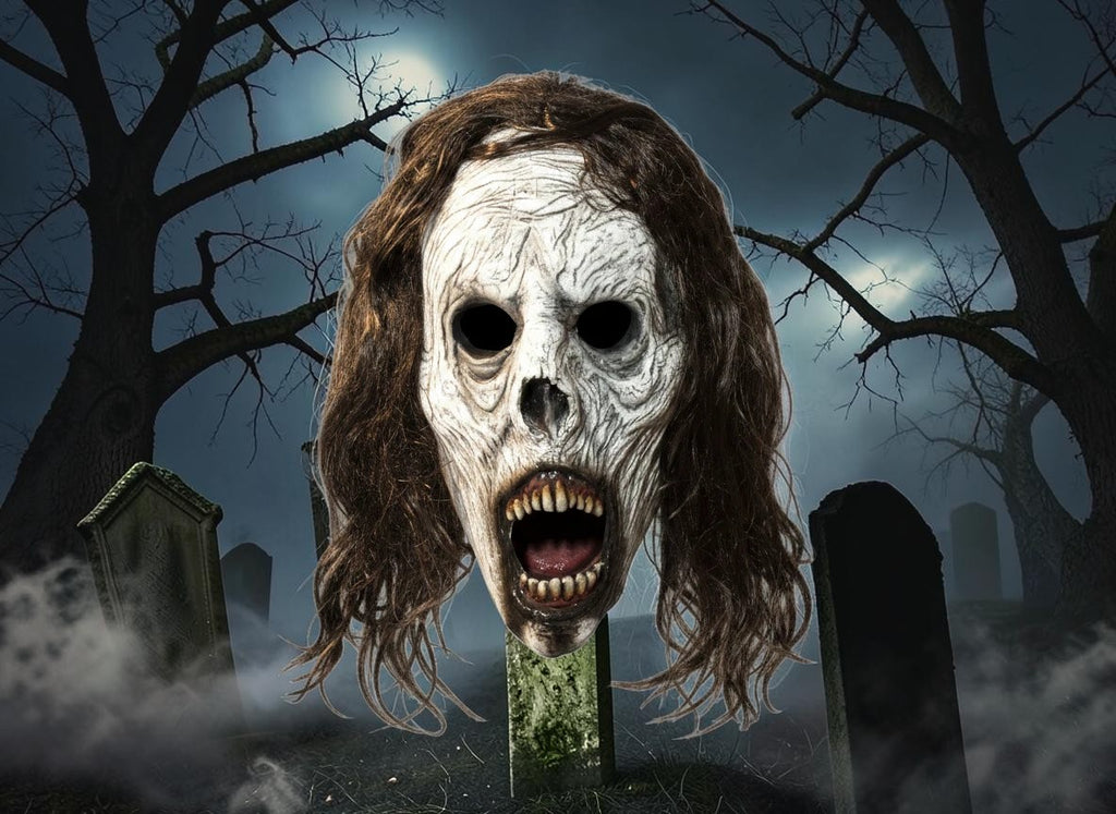 Halloween-Emporium Weeping Wraith half mask with weathered white skin, hollow eyes, and dark faux hair in a graveyard.