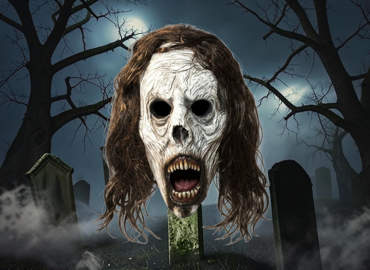 Halloween-Emporium Weeping Wraith half mask with weathered white skin, hollow eyes, and dark faux hair in a graveyard.