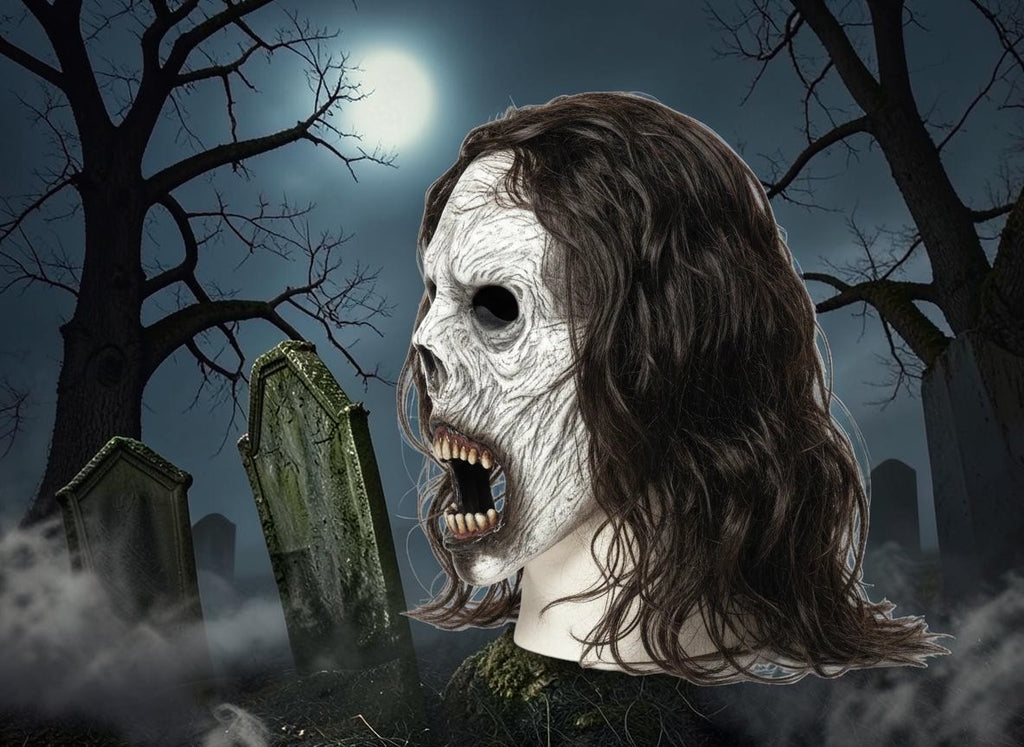 Halloween-Emporium Weeping Wraith half mask with weathered white latex, hollow eyes, and long dark hair in a graveyard.