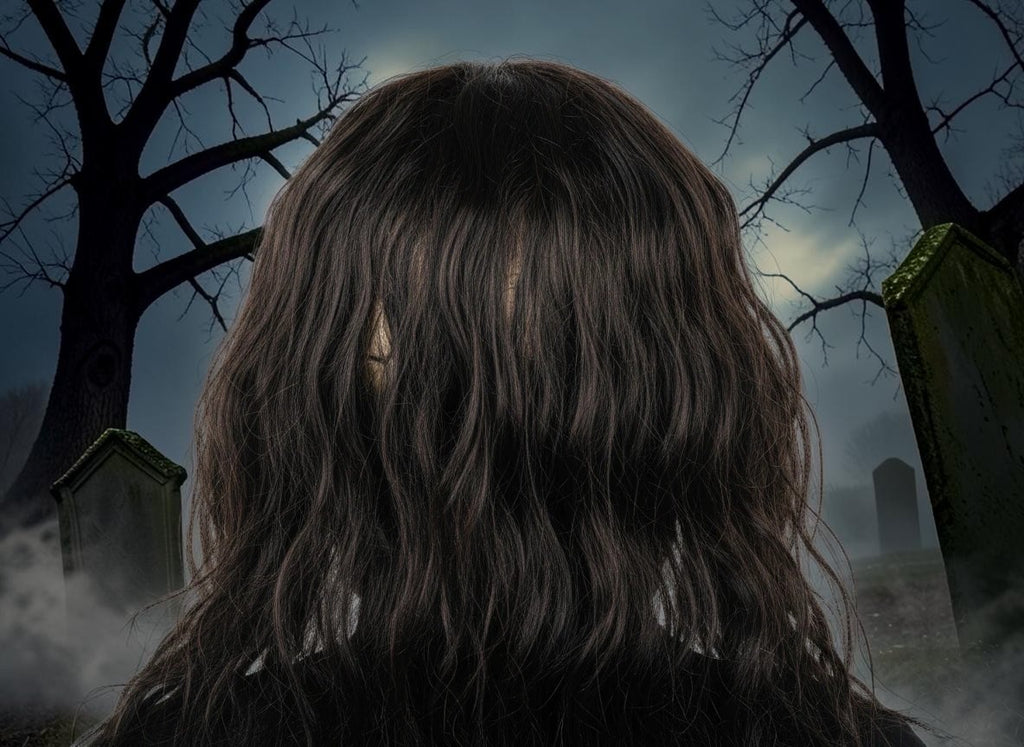 Halloween-Emporium Weeping Wraith half mask featuring long dark faux hair in a spooky graveyard setting