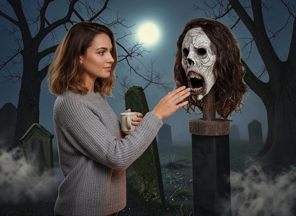 Halloween-Emporium Weeping Wraith half mask with faux hair, displayed on a stand in a spooky graveyard setting.