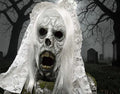 Halloween-Emporium Weeping Wrath white latex half mask with decaying skin texture, jagged teeth, and lace veil.