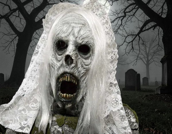 Halloween-Emporium Weeping Wrath white latex half mask with decaying skin texture, jagged teeth, and lace veil.