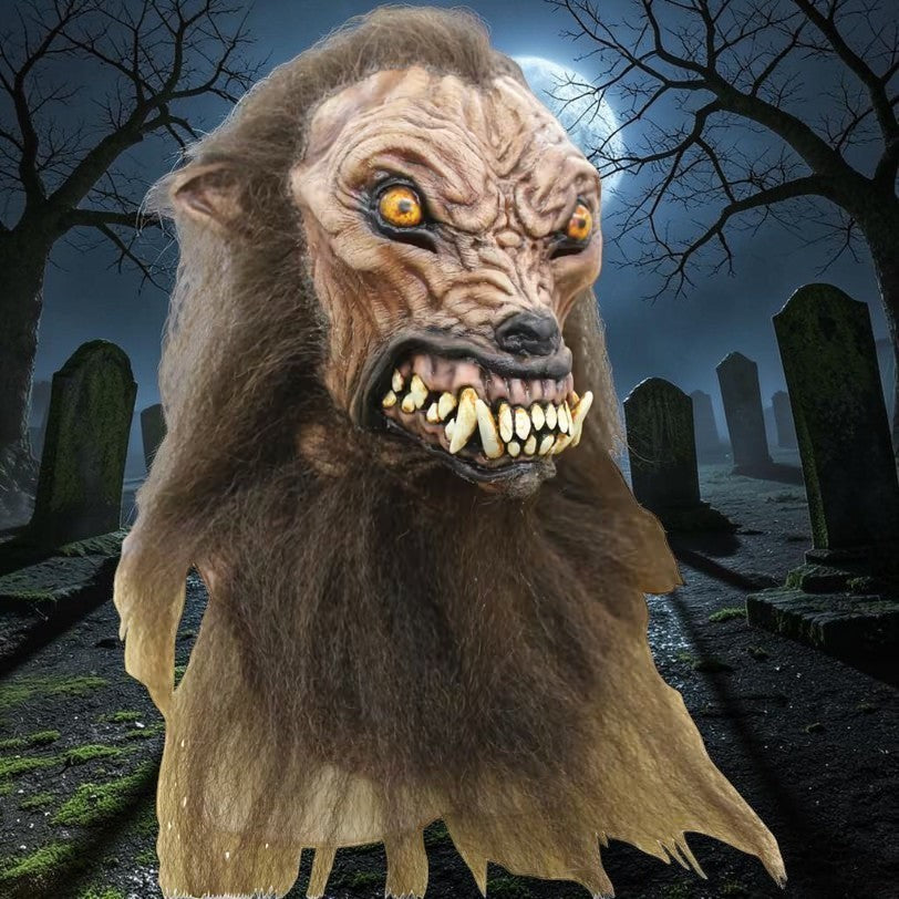 Halloween-Emporium fierce werewolf latex mask with realistic yellow eyes, snarling teeth, and brown faux fur mane.