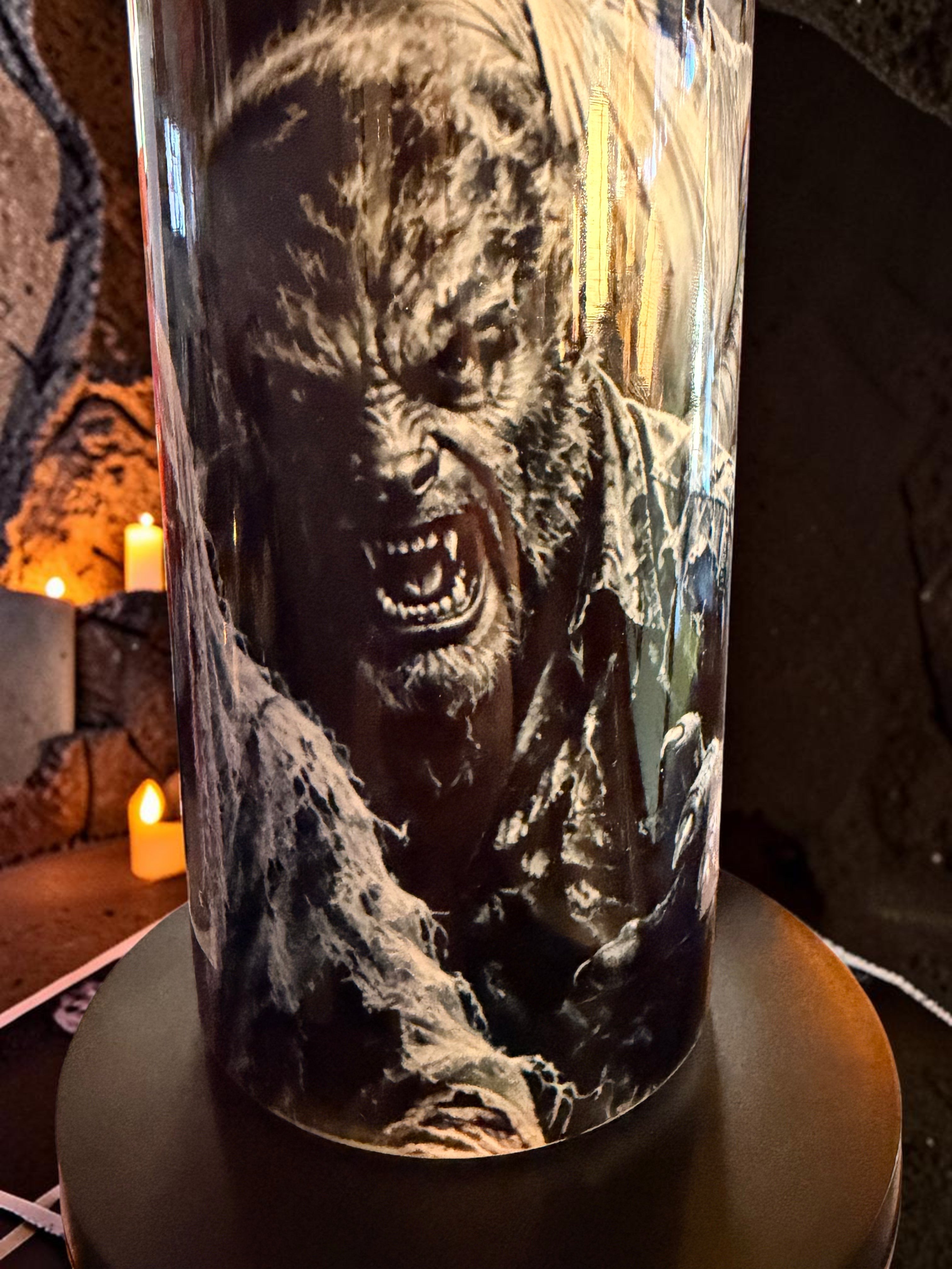 Halloween-Emporium classic monster tumbler featuring detailed black and white werewolf art with double-wall insulation.