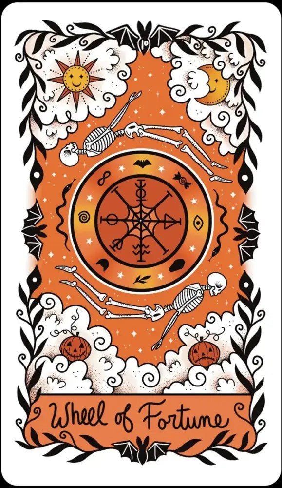 Halloween-Emporium Happy Halloween Tarot Wheel of Fortune card featuring skeletons, pumpkins, and sun and moon icons.
