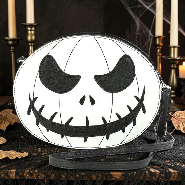 Halloween-Emporium glow in the dark white jack-o-lantern shoulder bag with spooky black face design and strap