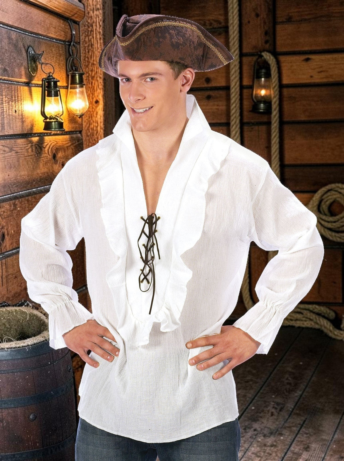 Halloween-Emporium white pirate costume shirt with ruffled front, lace-up neckline, and long sleeves on a man.
