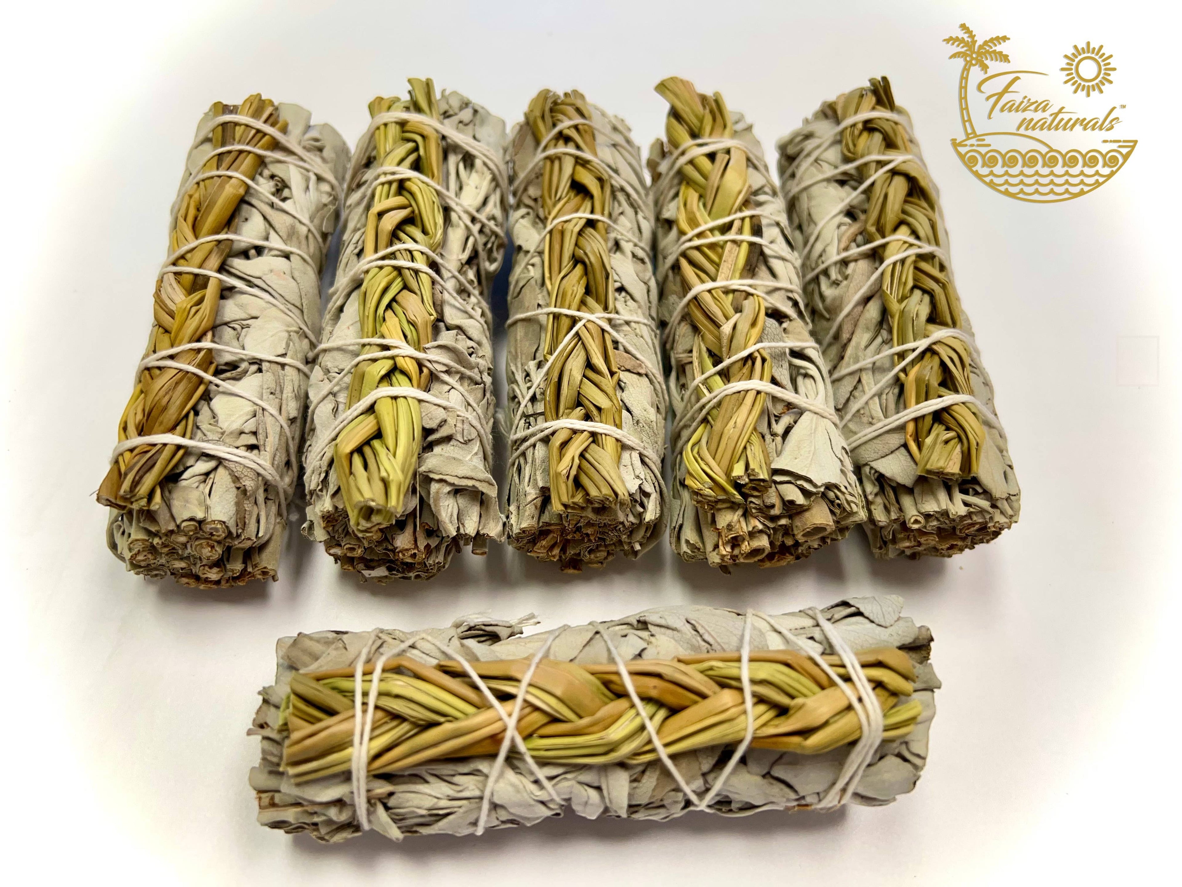 Halloween-Emporium 4-inch hand-tied white sage and braided sweetgrass smudge bundles for spiritual purification.