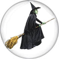 Halloween-Emporium Wizard of Oz Wicked Witch round lapel pin featuring the green-skinned witch flying on a broomstick