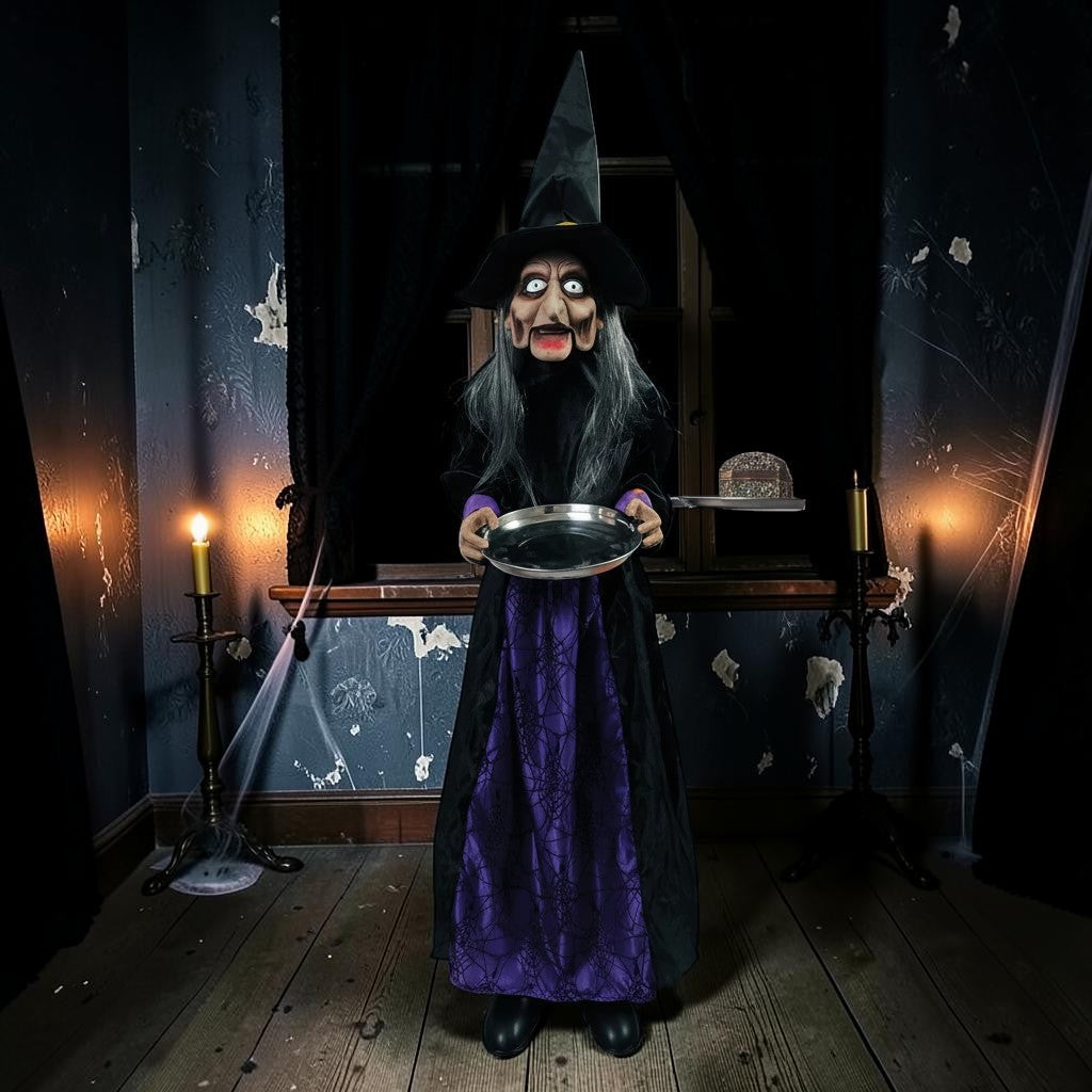 Halloween-Emporium 4ft Winnie the Witch animatronic in a black and purple gown with moving jaw and sound effects.