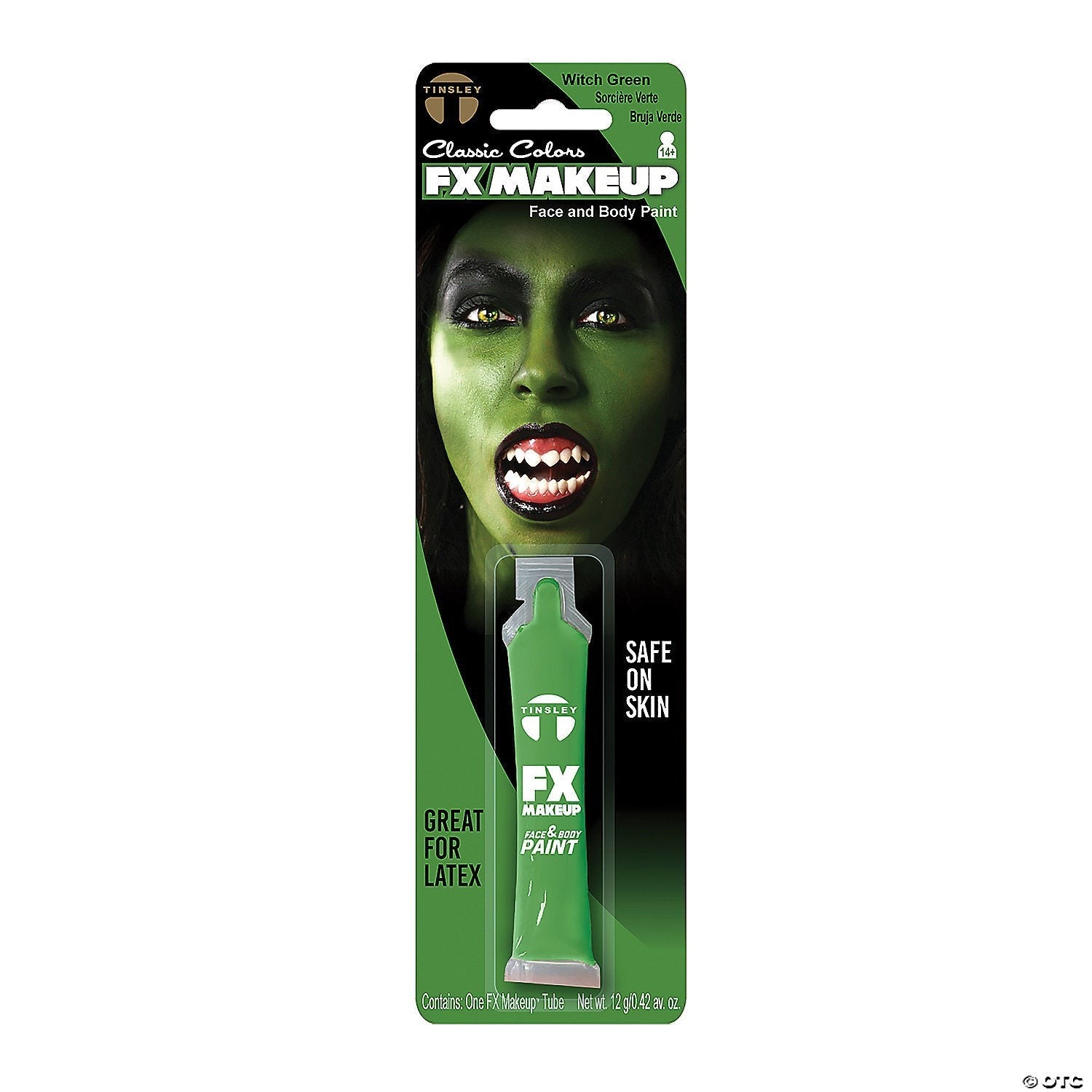 Halloween-Emporium witch green FX makeup face and body paint in a tube, safe for skin and latex applications.