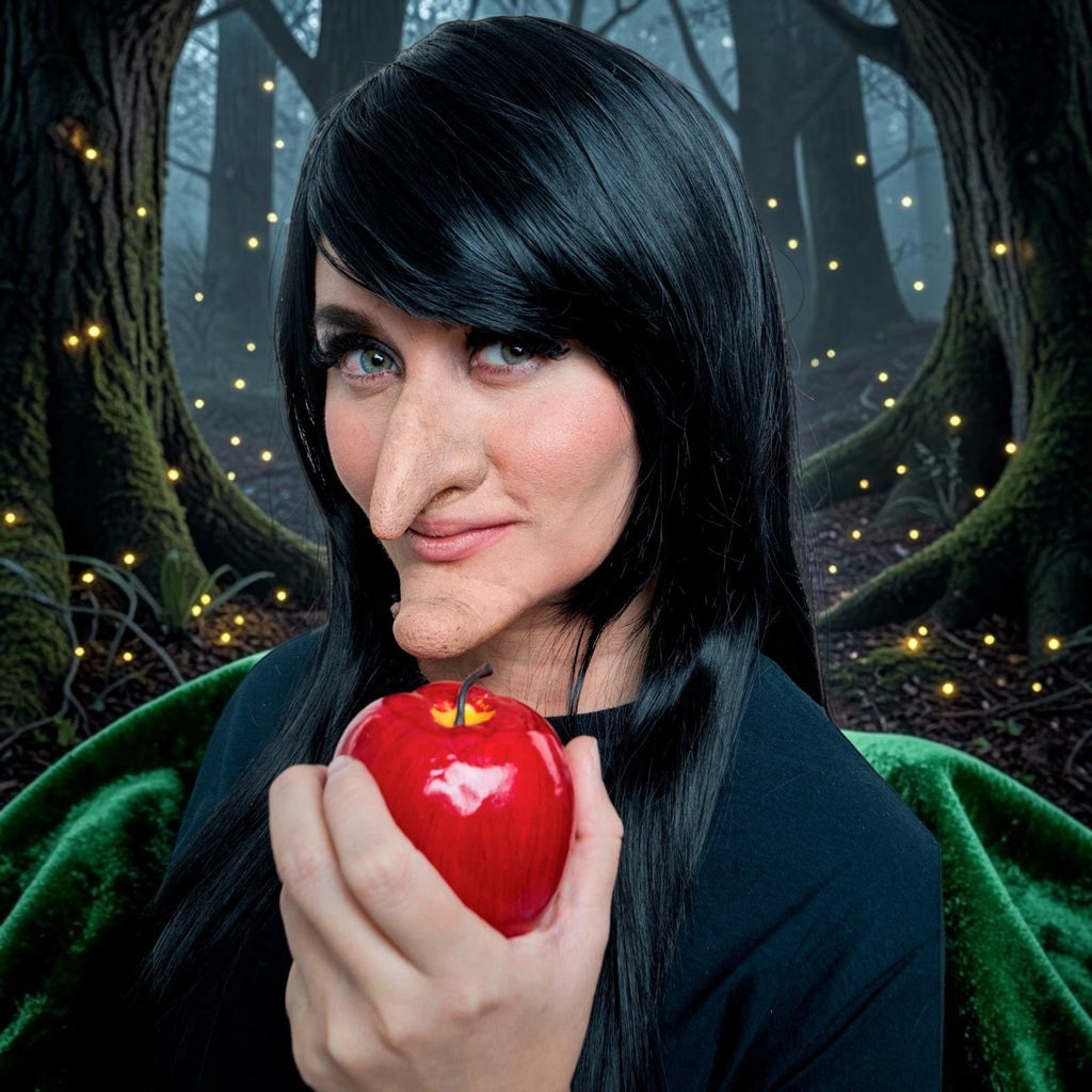 Halloween-Emporium witch latex prosthetic on a woman holding a red apple in a dark forest setting