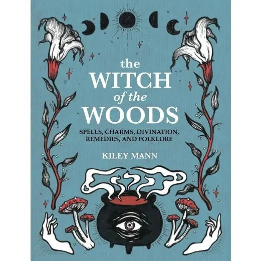 Halloween-Emporium The Witch of the Woods hardback book cover with blue background, botanical illustrations, and cauldron.