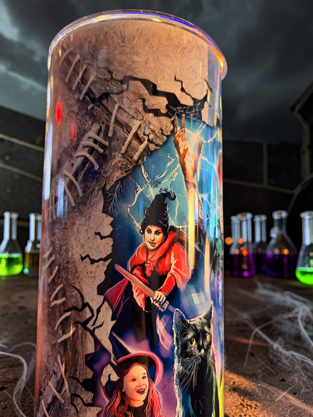 Halloween-Emporium 30oz tumbler featuring a witchy sister trio design with a black cat and dark-luxe aesthetic.