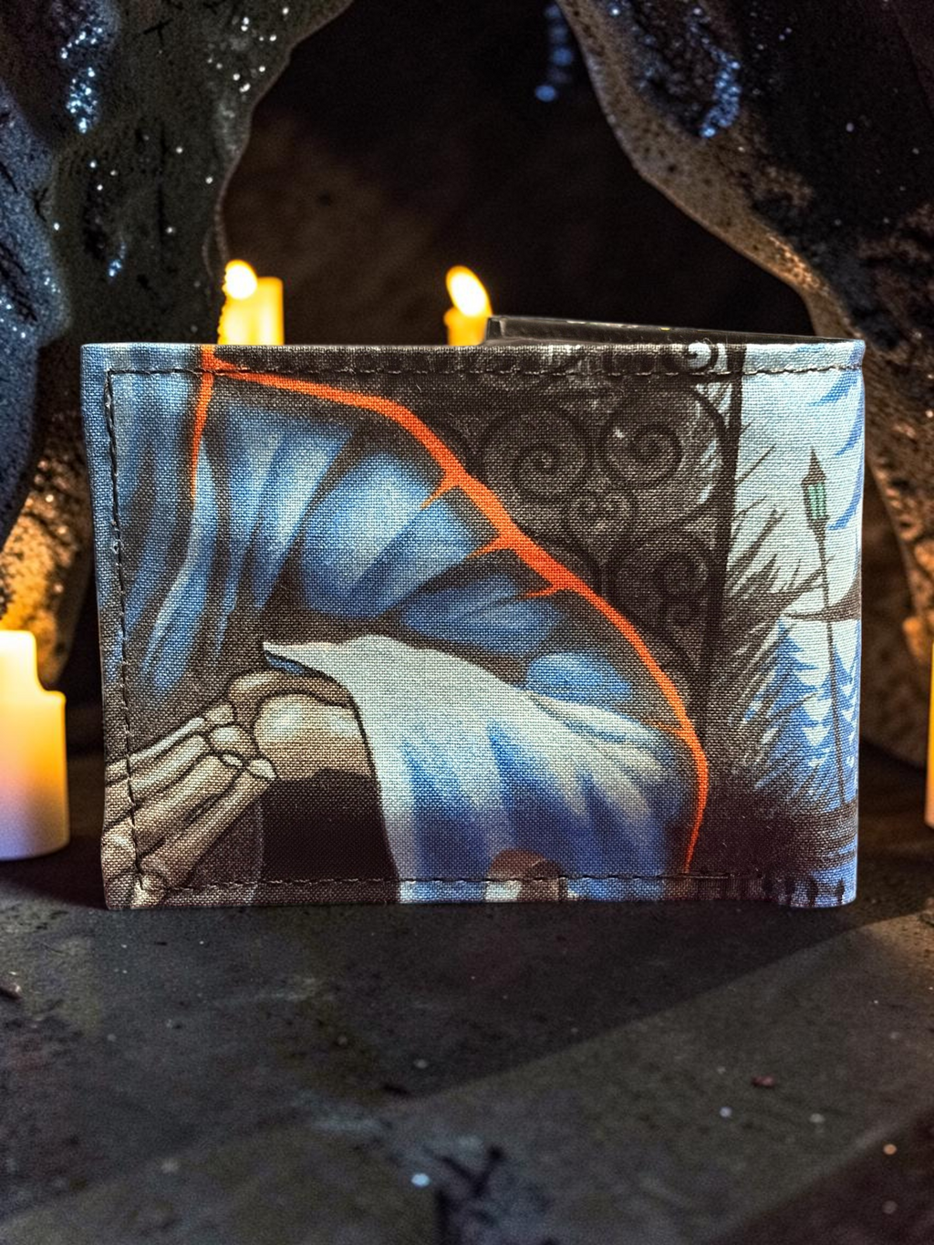 Halloween-Emporium 3 Witches hand crafted bifold wallet featuring a gothic blue and black skeleton print design