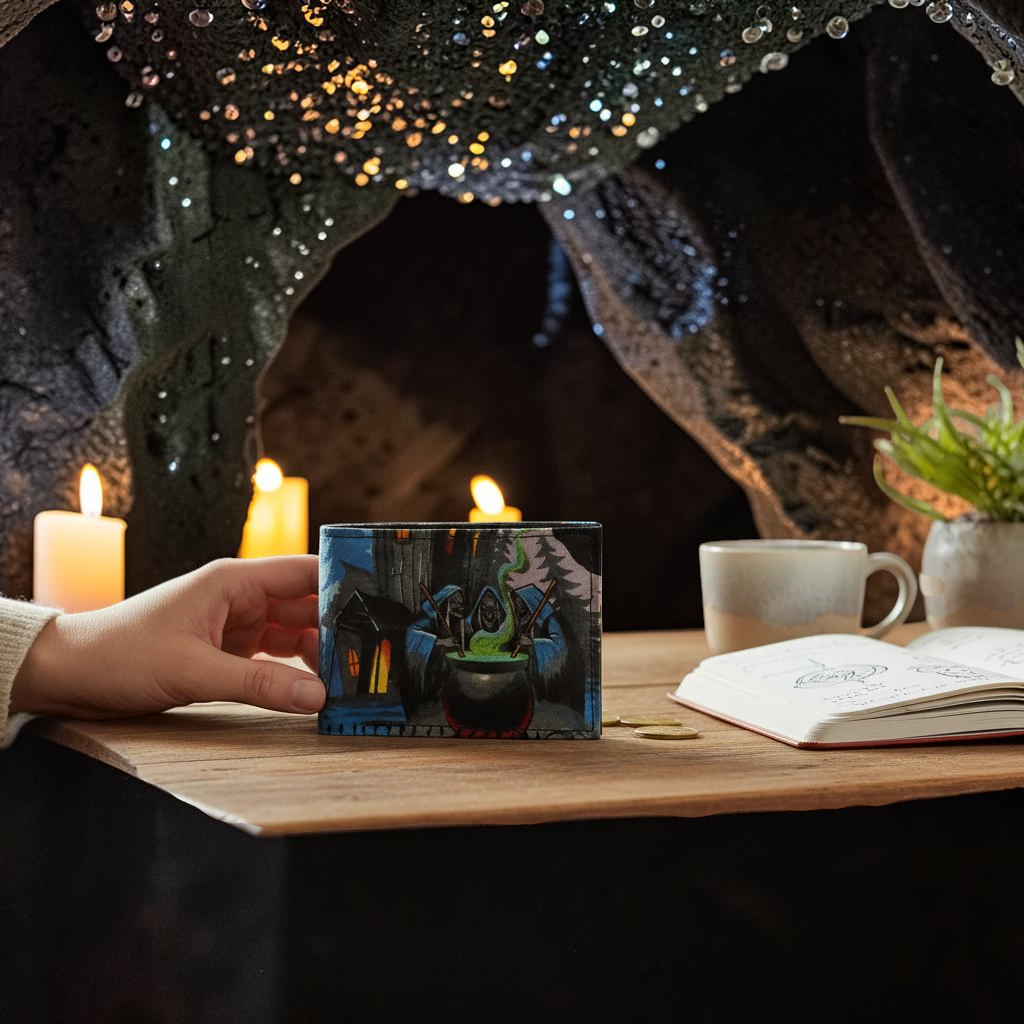 Halloween-Emporium hand crafted wallet featuring a 3 witches cauldron scene on a wooden table with candles