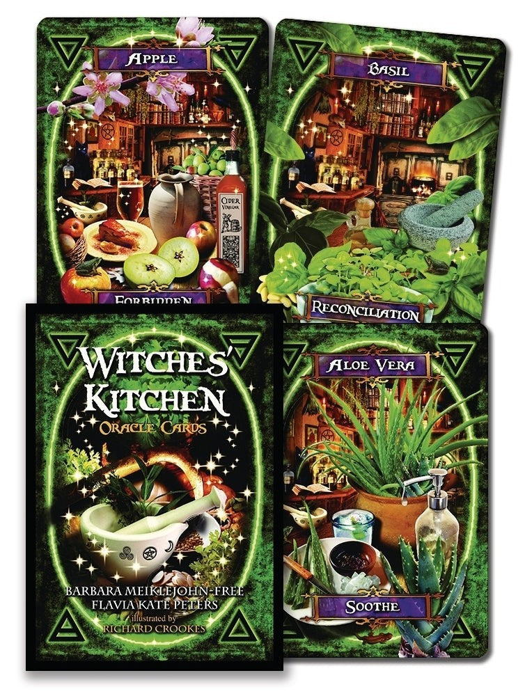 Halloween-Emporium Witches' Kitchen Oracle Cards deck featuring vibrant, magical illustrations of herbs and fruit.