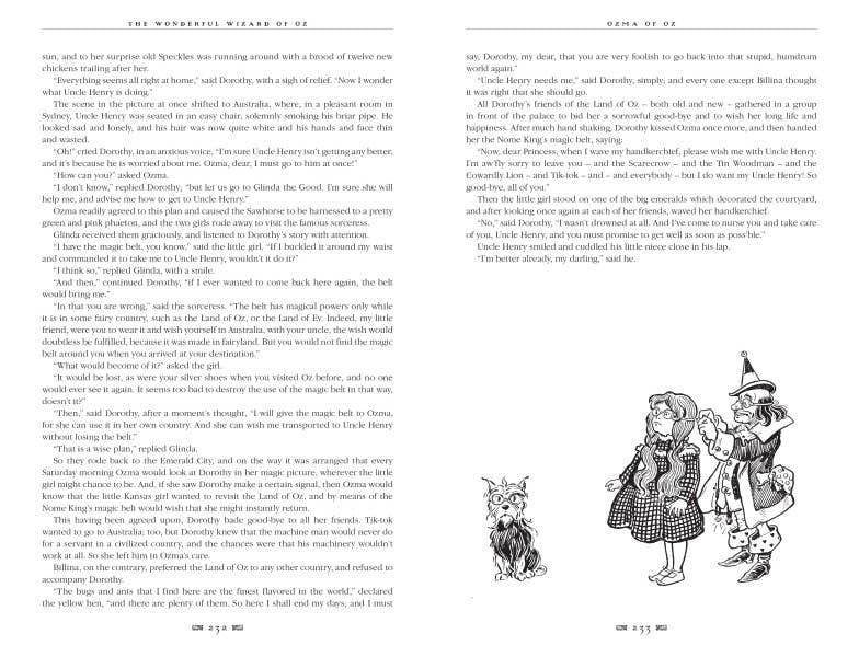 Halloween-Emporium Wizard of Oz hardback book interior pages featuring black and white illustrations and text