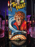 Halloween-Emporium Wolfman clutch wallet featuring vintage horror comic book art with The Fright title on blue fabric