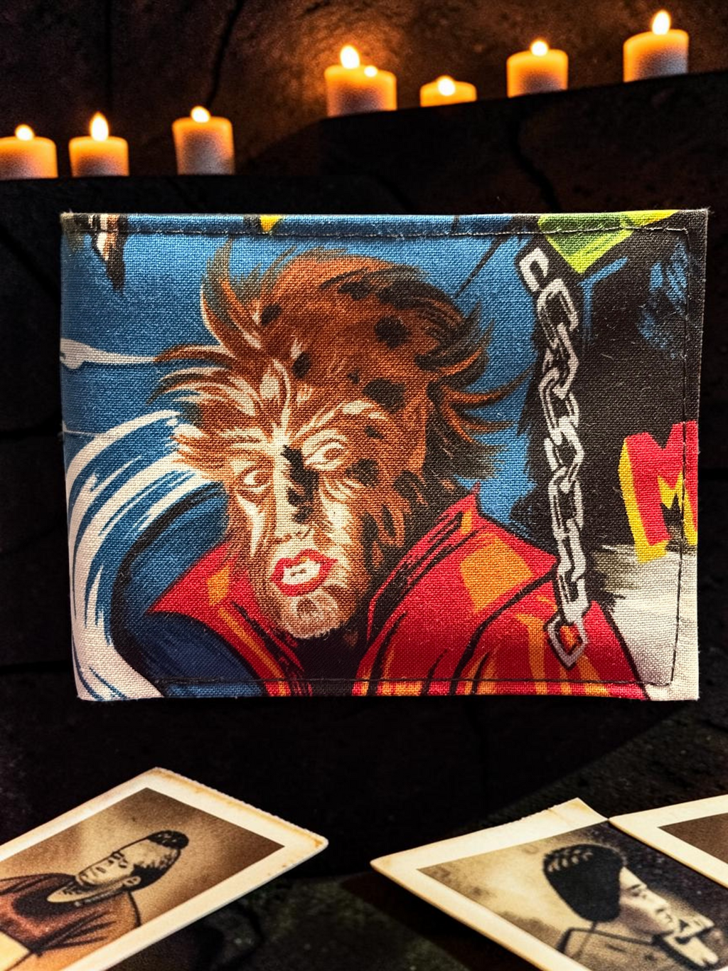 Halloween-Emporium Wolfman hand crafted folded wallet featuring a vintage comic book werewolf illustration