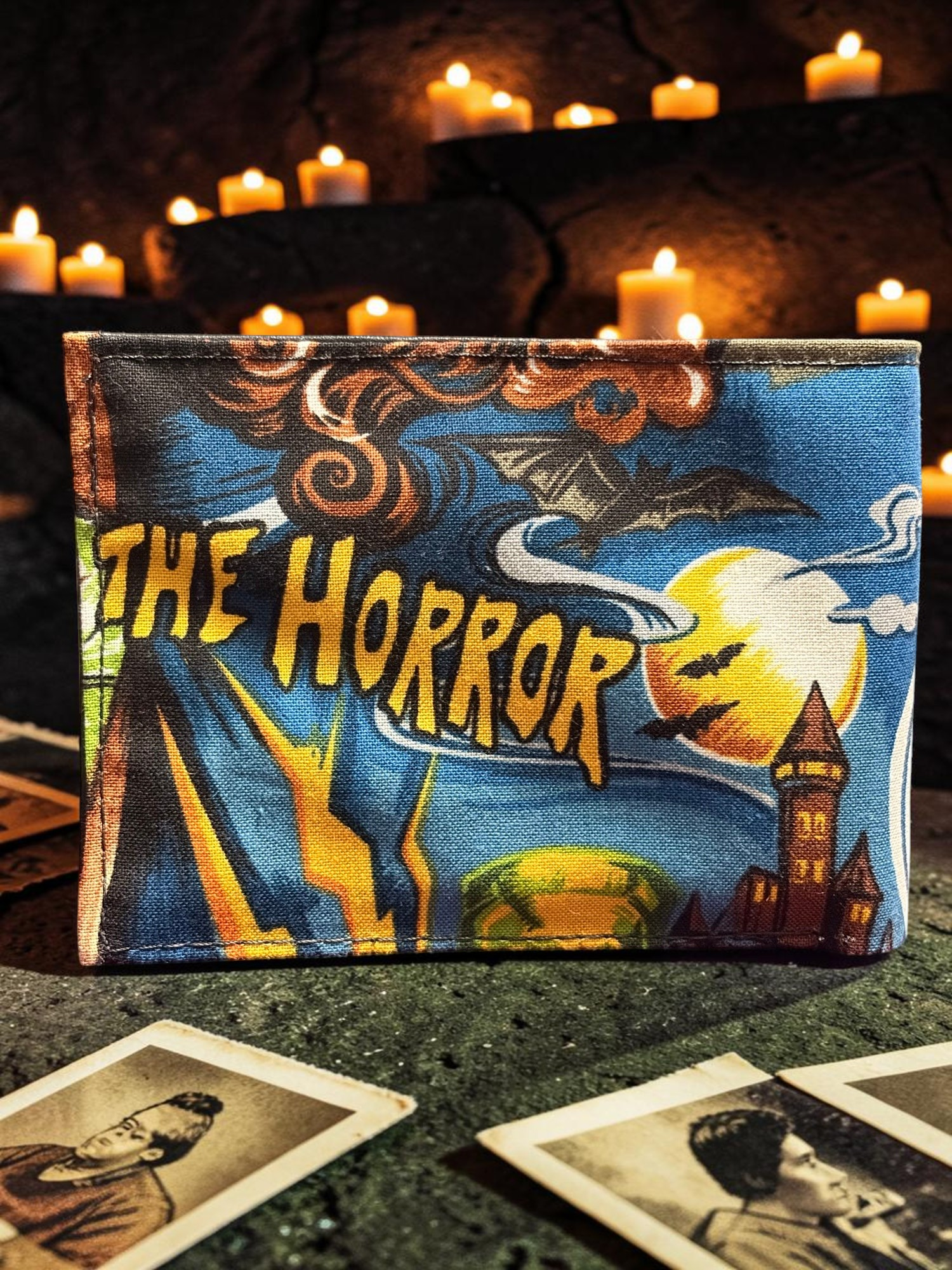 Halloween-Emporium Wolfman hand crafted wallet featuring a vintage horror movie poster print on a dark background