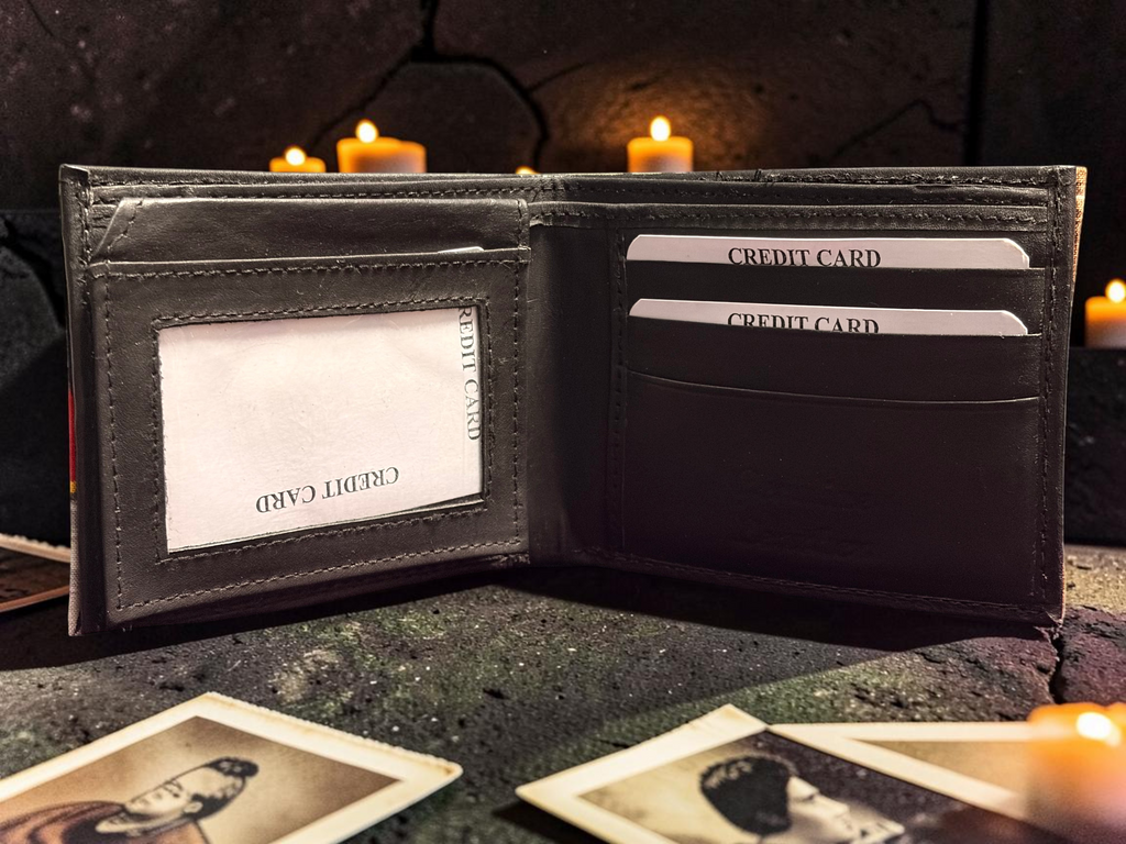 Halloween-Emporium Wolfman hand crafted black leather bifold wallet with card slots and ID window