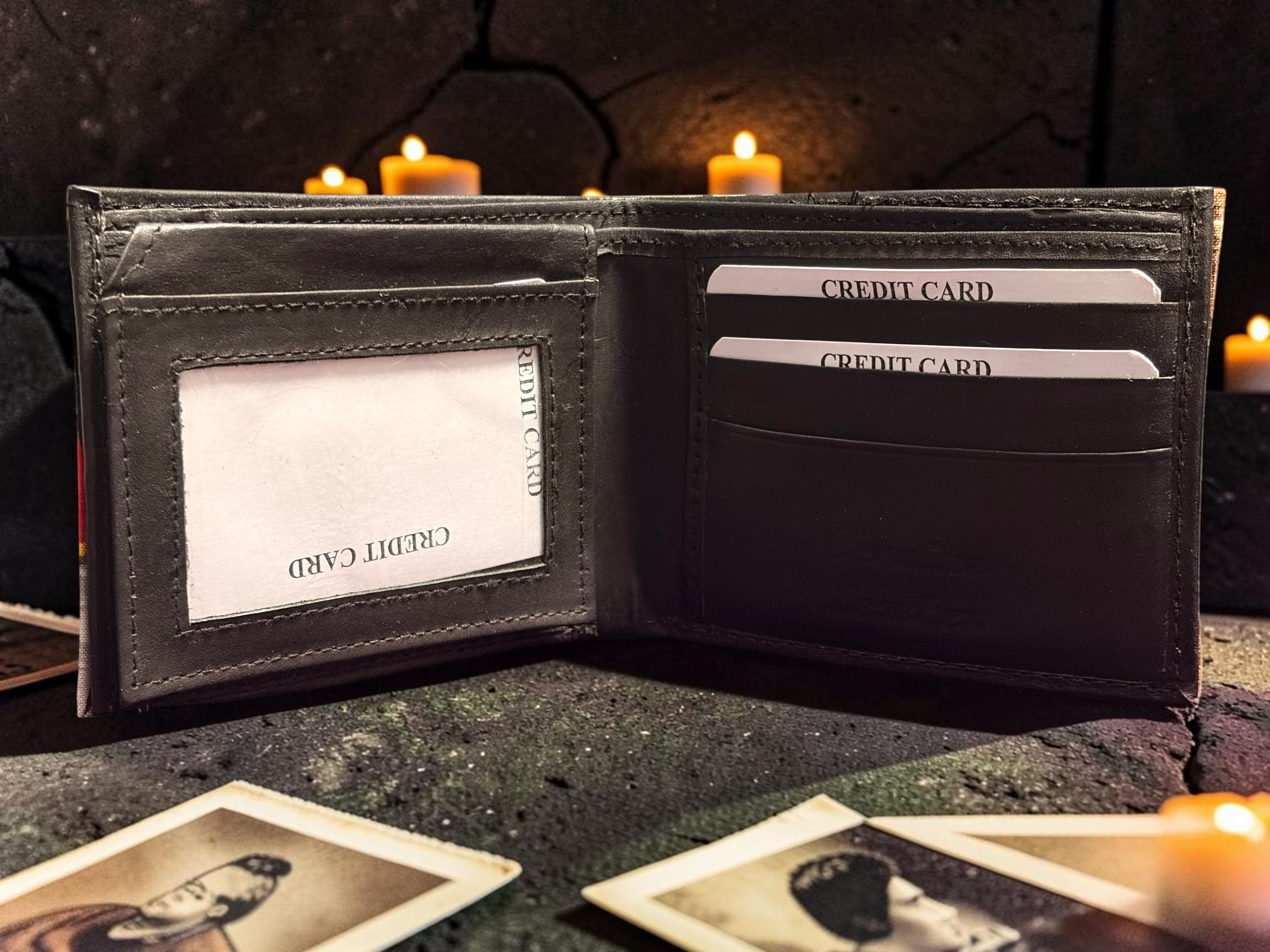 Halloween-Emporium Wolfman hand crafted black leather bifold wallet with card slots and ID window