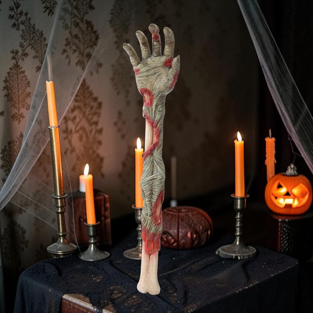 Halloween-Emporium resin zombie arm back scratcher with realistic decaying skin and exposed bone for gothic decor