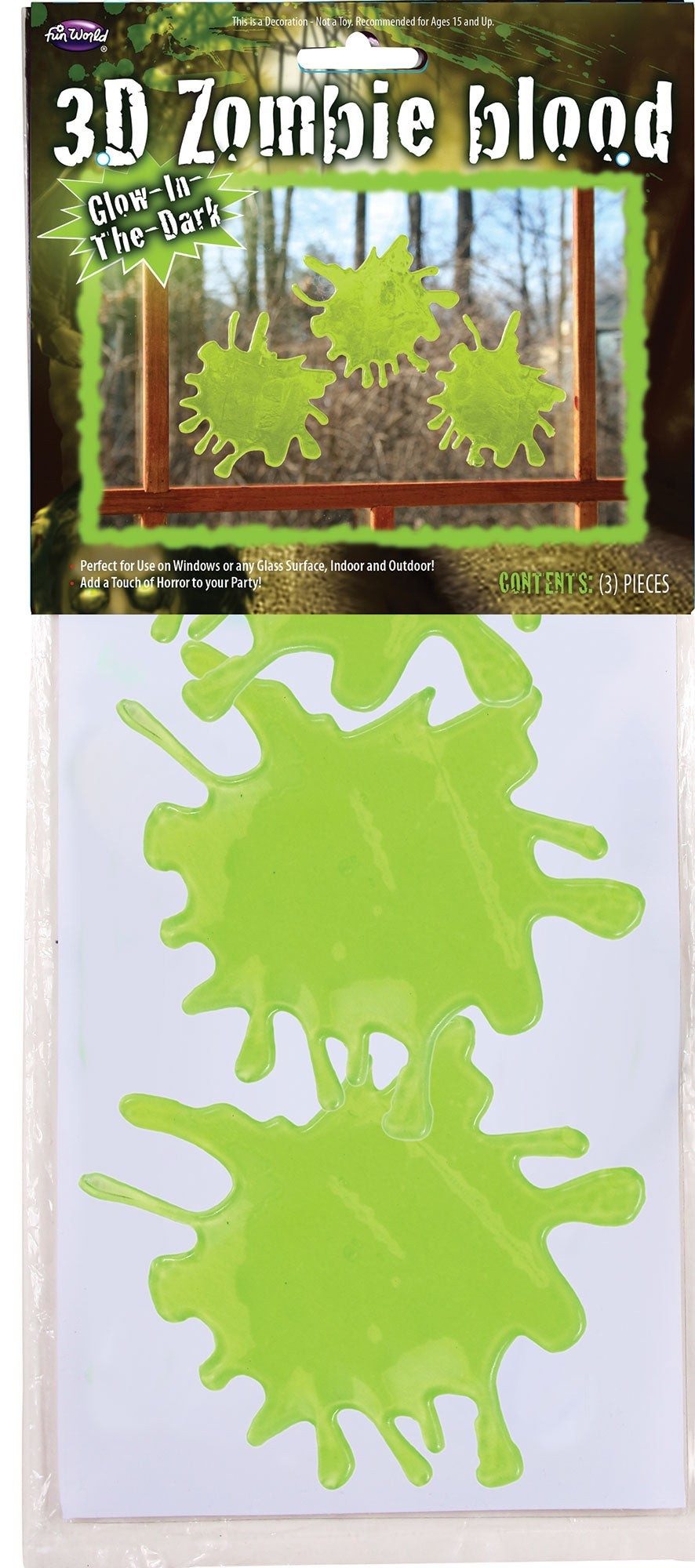 Halloween-Emporium glow-in-the-dark green zombie blood splatter window clings for spooky Halloween decor
