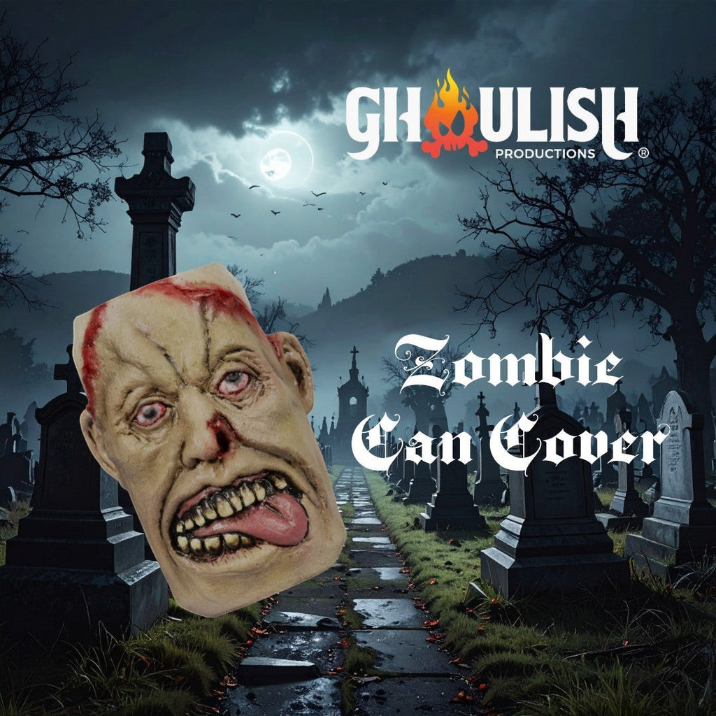 Halloween-Emporium Ghoulish Productions zombie beverage can cover with realistic decaying face and protruding tongue