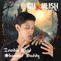 Halloween-Emporium zombie hand shoulder buddy on a man's shoulder with realistic decaying skin and gruesome detail.
