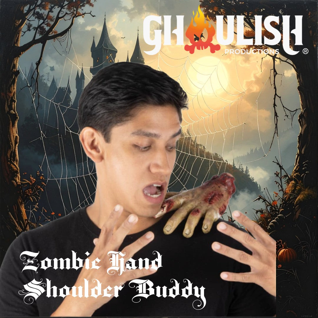 Halloween-Emporium zombie hand shoulder buddy on a man's shoulder with realistic decaying skin and gruesome detail.